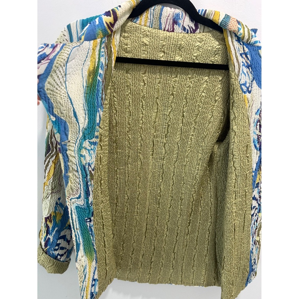 Reversible Abstract Print Crinkle Blazer Olive Green Textured Jacket Multi-Color - Picture 9 of 9